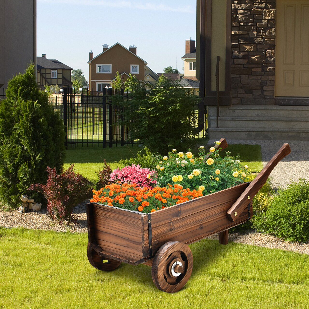 Rustic Brown Fir Wood Metal Wagon Planter Box with Wheels and Drainage